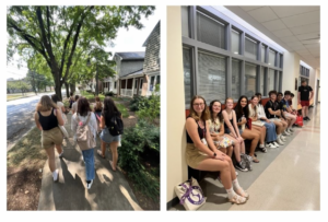 Students walking and students sitting