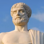 Photograph of a statue of a man, Aristotle. The statue is white, and the bust is photographed.