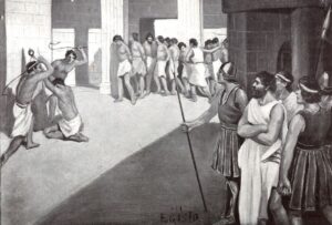 Portraits of 3 slaves tied up and hurt, and numerous other men tied up. Other wealthier men are standing to the side and watching.