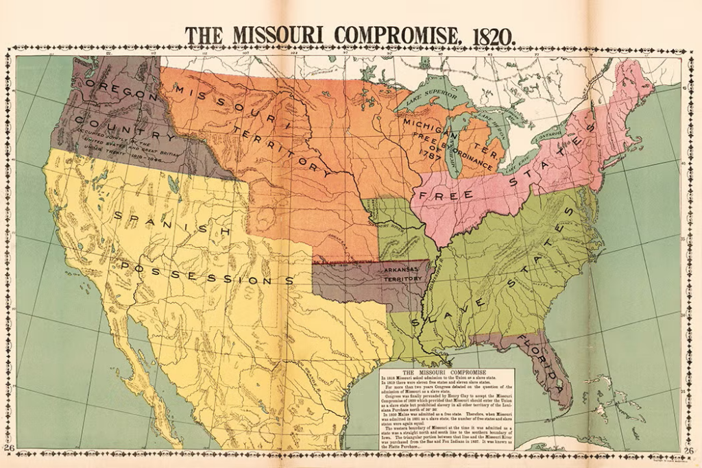 Map reading "The Missouri Compromise, 1820," notablly labeled with "Free States," "Slave States," and "Missouri Territory." 
