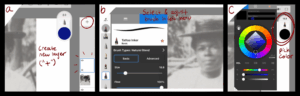 Creating a new layer with the "+" button, selecting a brush from the brush panel on the left of the screen, changing the color by tapping on the color circle