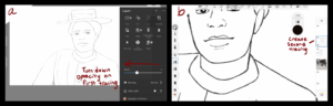 Turning down opacity of initial tracing by tapping on first tracing layer and adjusting the opacity slider, then tracing over it on a new layer