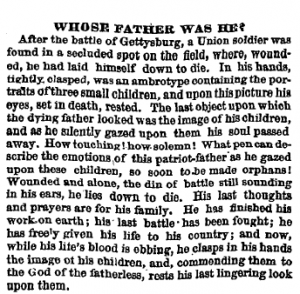 An article printed in the Philadelphia Inquirer on October 19, 1863 describing an unknown soldier who eventually turned out to be Amos Humiston