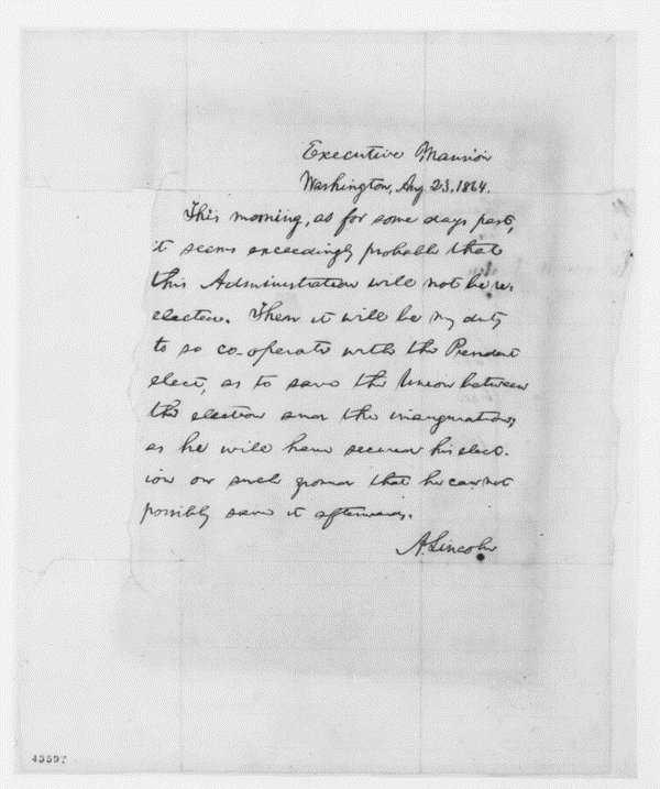 Lincoln's "Blind Memorandum," Aug. 23, 1864 (Courtesy of Library of Congress)