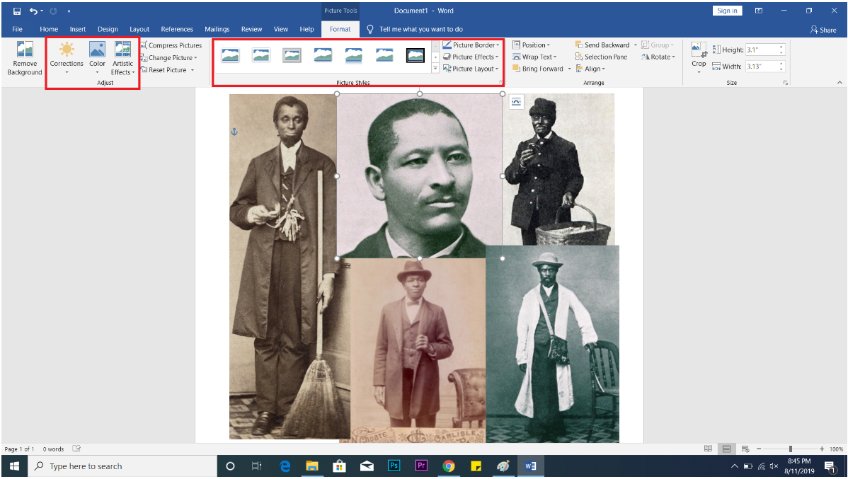 screenshot of Word for collage tutorial