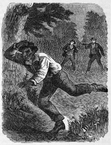 Enslaved man running away from two pursuers