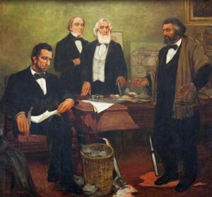 Frederick Douglass, Abraham Lincoln, and his cabinet.