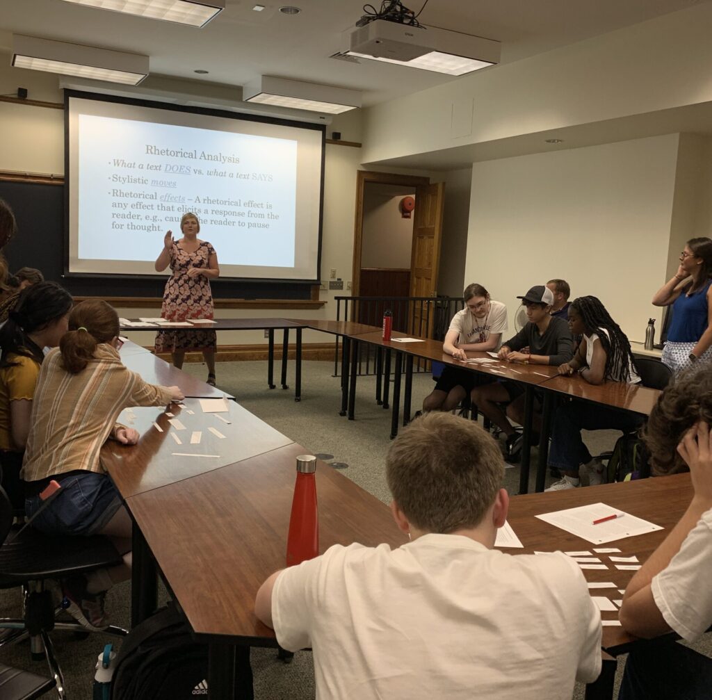 McGeehan talking to students in classroom