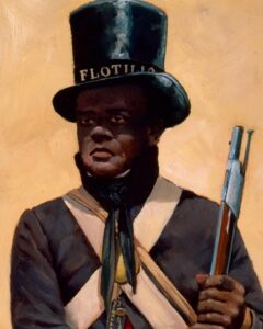 painting, man in navy uniform with black tophat reading Flotilla