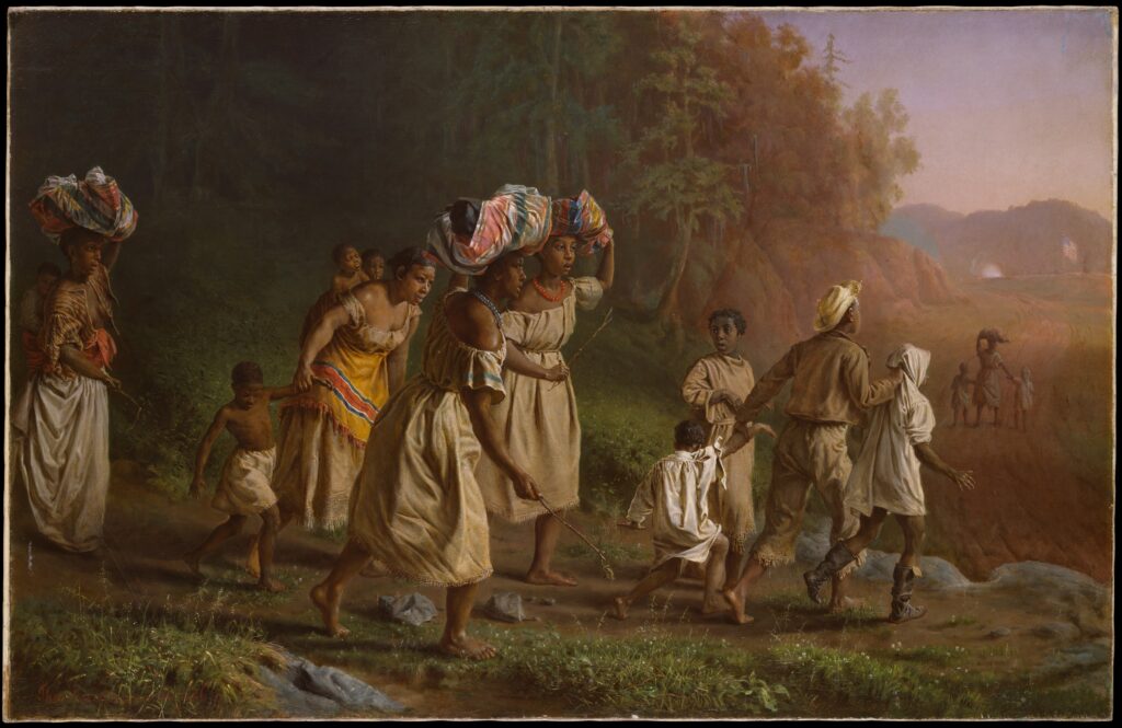 family fleeing slavery, clothes carried over shoulder, women, children in foreground