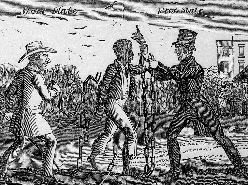 slave state free state divide, personified by slaveholder and Northern lawmaker, freedom seeker in middle