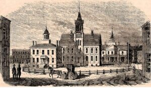 downtown engraving of center of Wilkes barre, tall buidlings with steeples and cupolas