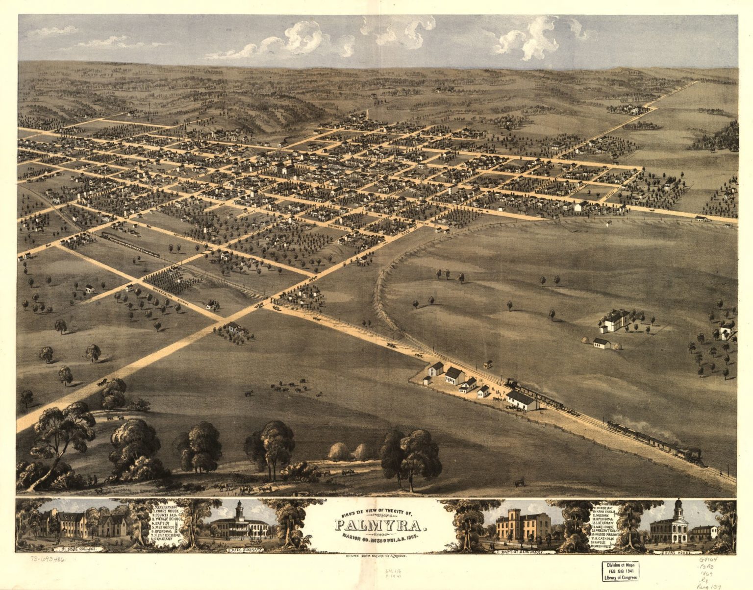 An 1869 bird’s eye view of Palmyra, Missouri. (Library of Congress